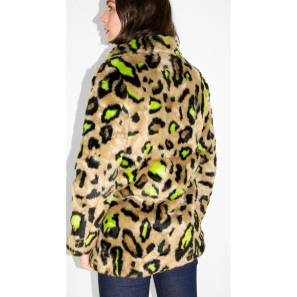 APPARIS Leopard Print Faux Fur Jacket Neon Lime Green Accent Women's Size M - Picture 2 of 8